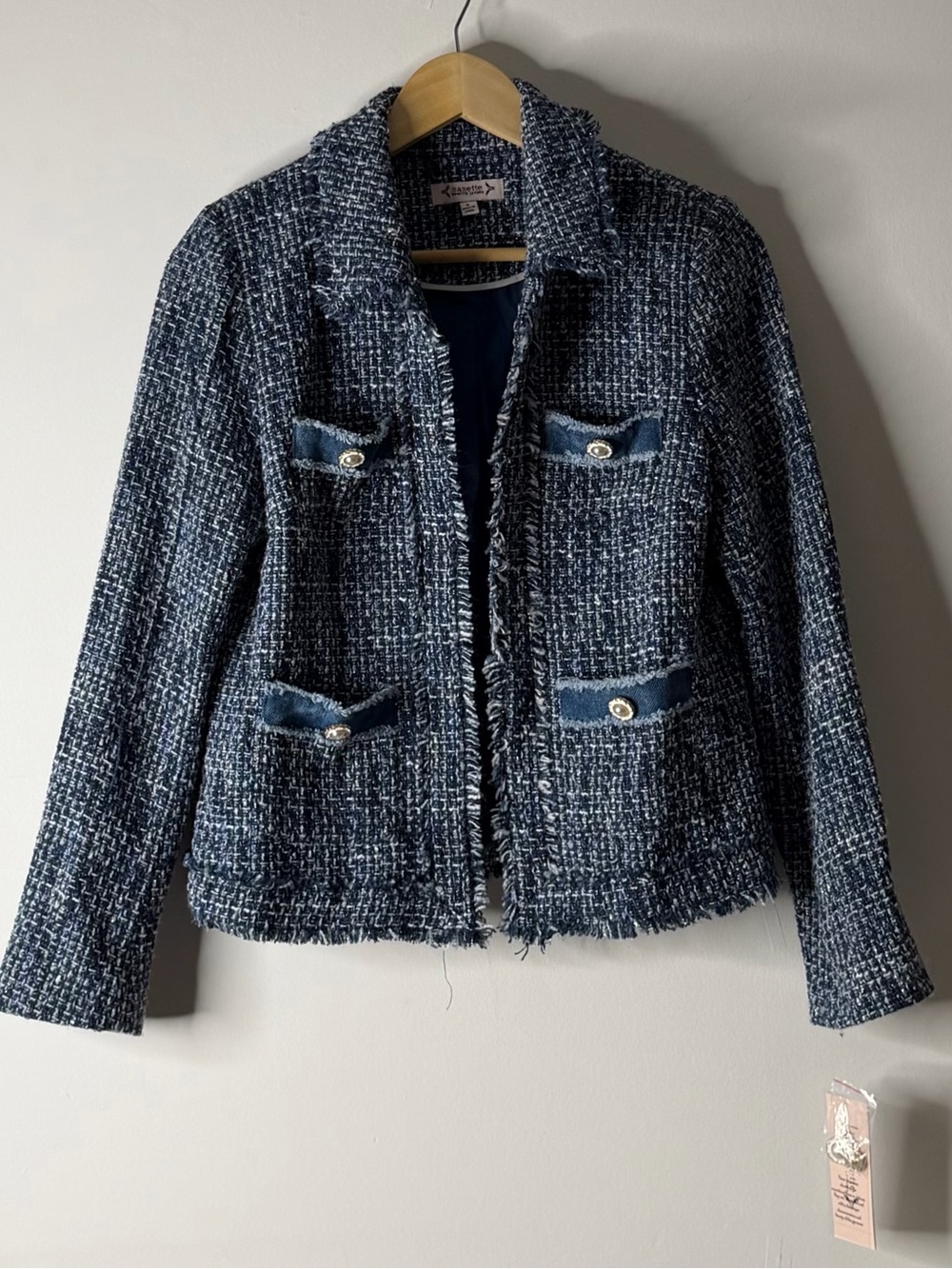 Nanette Lepore Navy Tweed Frayed-Edge Blazer